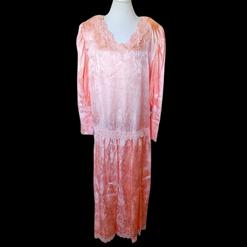 Long Dress Plus Size Tall 1X 2X Peach‎ Pink Satin Dropwaist Floral 1930s Style